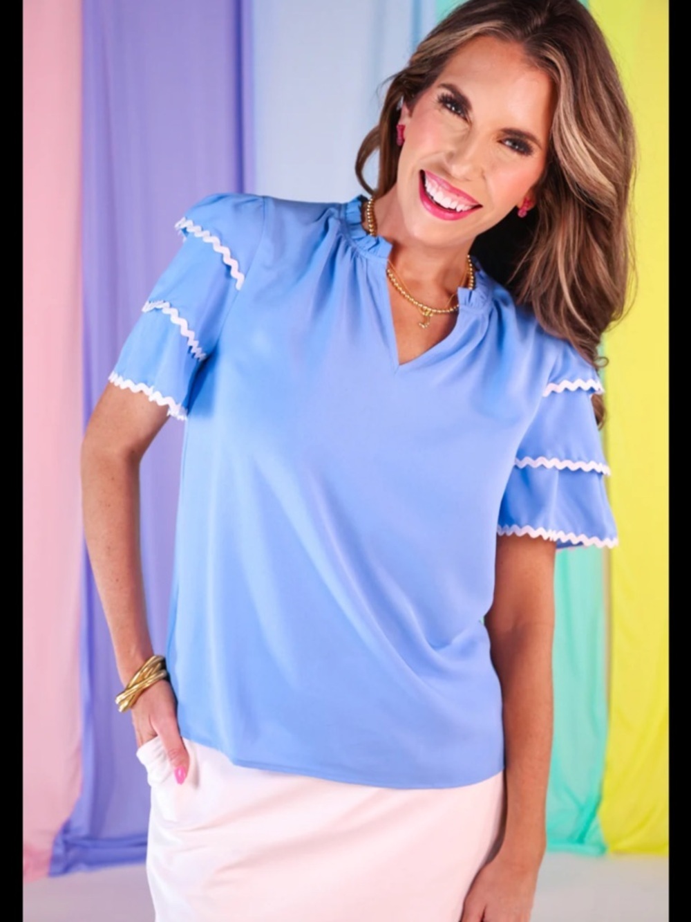NWT Jess Lea Women’s Sky Blue Short Sleeve Top Ric Rac Trim Women’s Sm